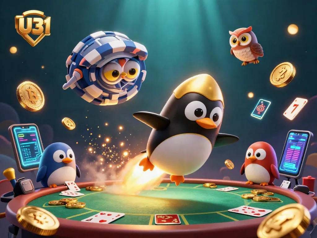 Engage with U31's exciting slot games as a golden penguin navigates a vibrant cosmic casino world.