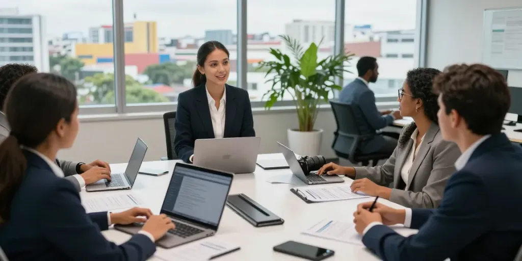 Suriname recruitment scene with a recruiter interviewing diverse applicants in a modern office setting.