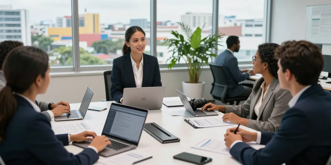 Suriname recruitment scene with a recruiter interviewing diverse applicants in a modern office setting.
