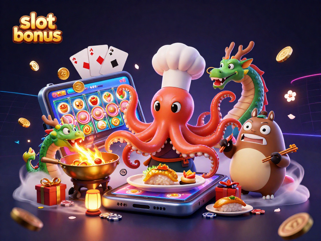 Engage with vibrant slot bonus games amid a dynamic casino scene featuring 3D characters.
