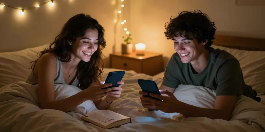 Engaging in ai sexting in a cozy bedroom setting with glowing smartphones.