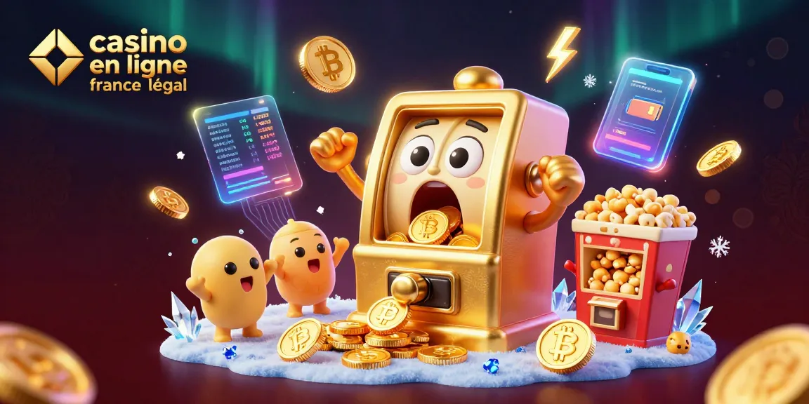 Jouer sur un casino en ligne légal en France avec une machine à sous cartoonesque frappant le jackpot entourée de pièces et de jeux divers.