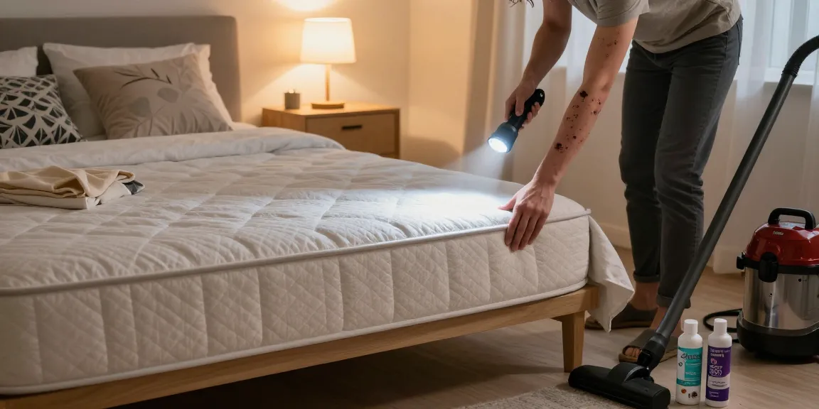 Bed bug control inspection in an urban bedroom at night