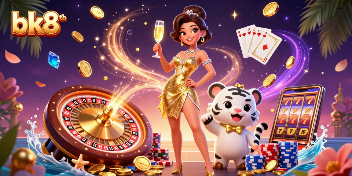 Experience thrilling gameplay at bk8th with a glamorous casino scene featuring a woman and a lucky tiger.