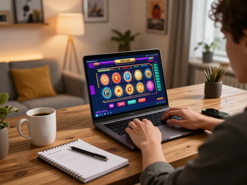 Playing MDG188 online slots with vibrant graphics and cozy home setup promoting responsible gaming