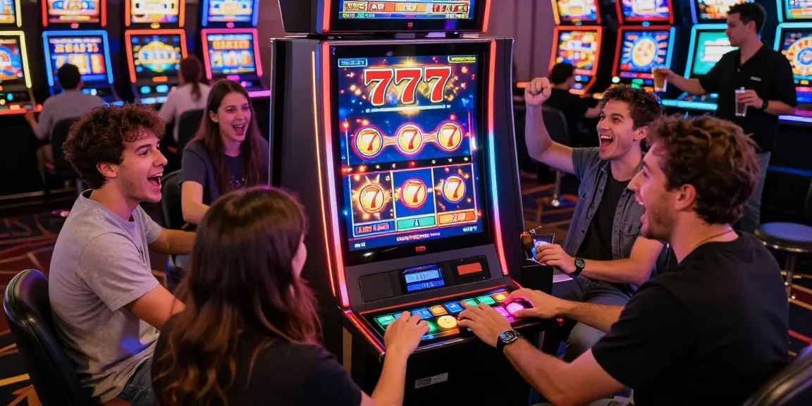 Teman-teman bermain slot777 dengan semangat, suasana kasino yang meriah.