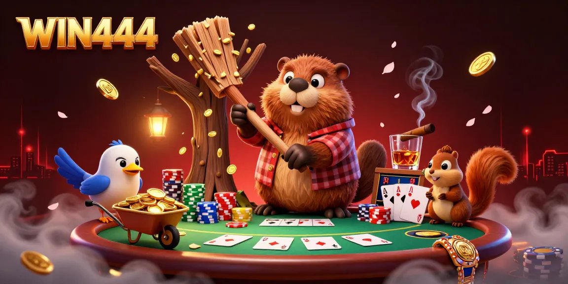 Engage in WIN444’s exciting casino games with a colorful scene of fun characters amidst poker elements.