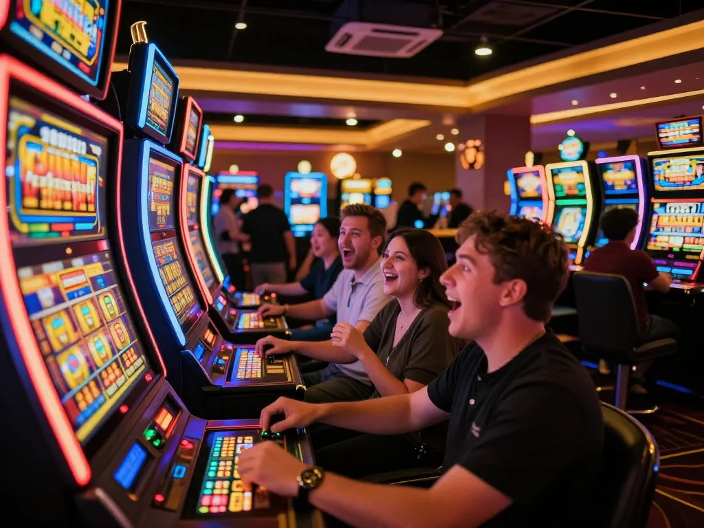 Players celebrating a win at the link slot machine in a lively casino atmosphere.
