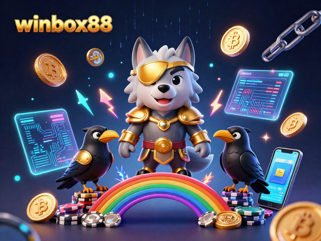 Winbox88's Odin wolf with ravens in a vibrant 3D casino illustration, showcasing exciting gaming elements.