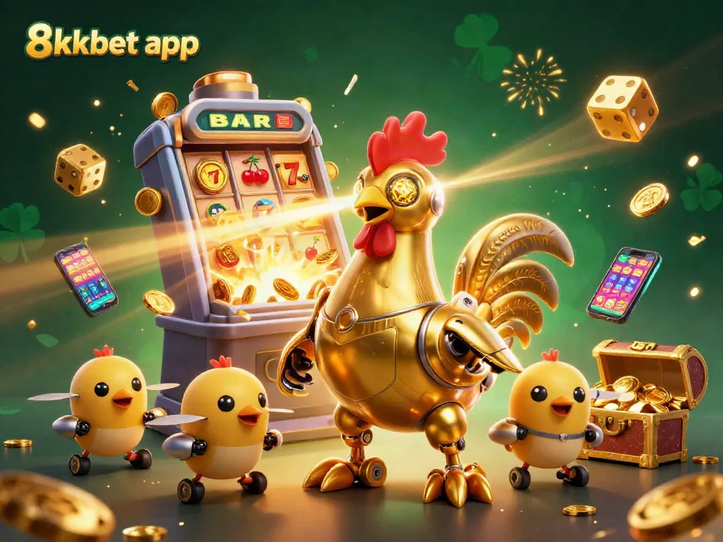 Experience thrilling wins with the 8xbet app, showcased in a dynamic 3D casino scene.