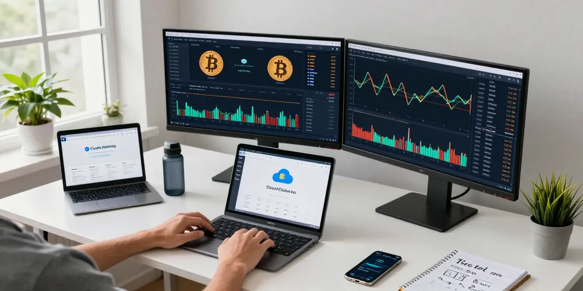 Beginner cloud mining platform displayed in a professional trading setup with crypto wallet and charts.