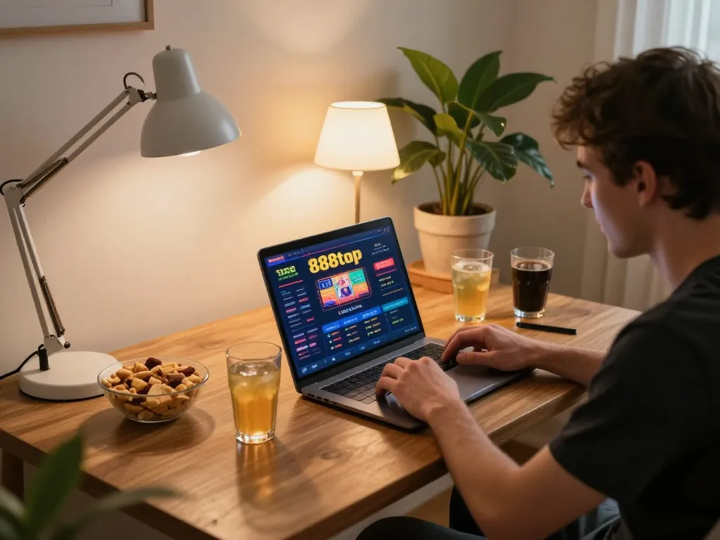 Player enjoying online gaming at home with 888top site displayed on laptop, creating a relaxed gambling atmosphere.