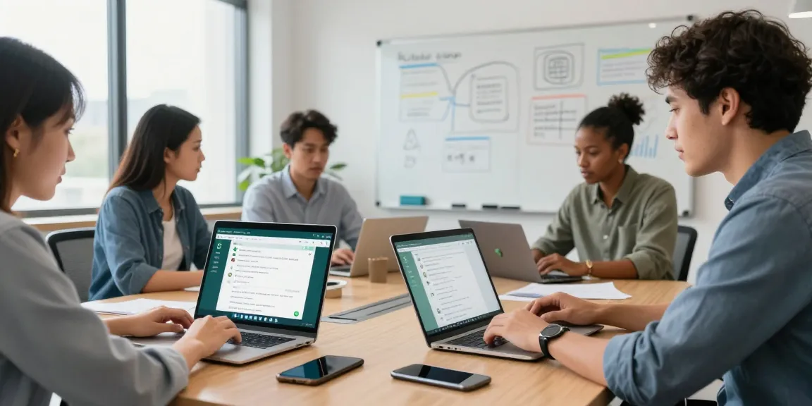 Team collaborating effectively using WhatsApp網頁版 in a bright office environment, showcasing multiple devices and brainstorming.