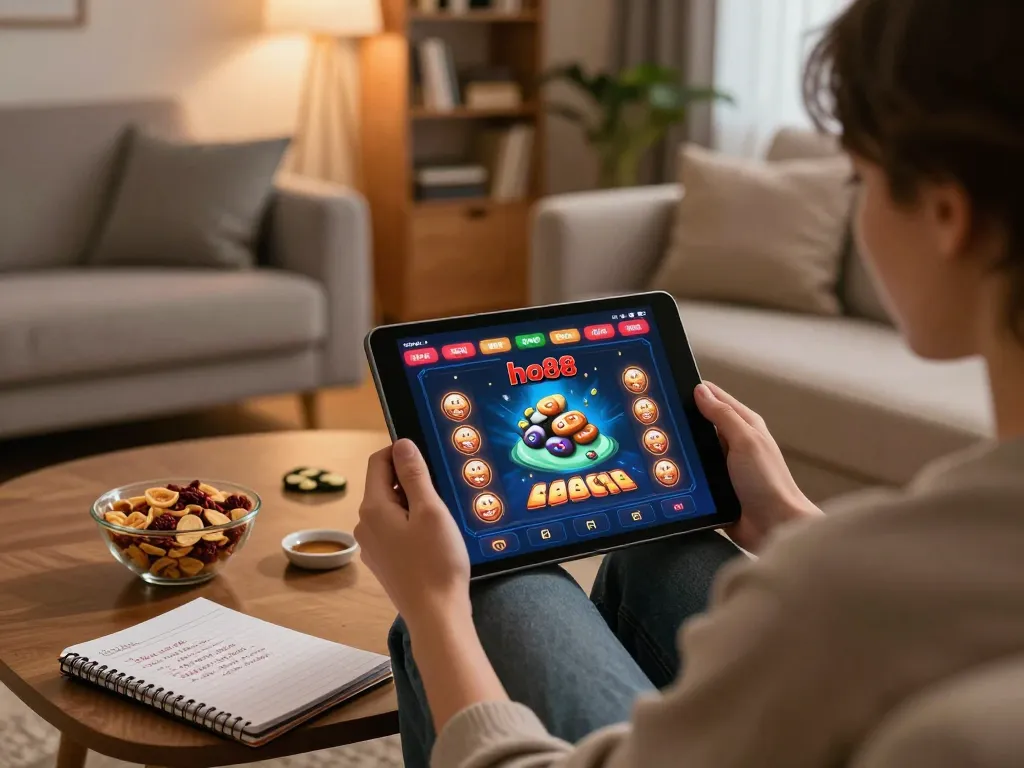 Engaging with ho88 online casino on a tablet in a cozy home setting while strategizing bets