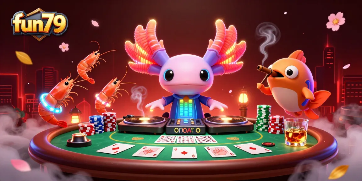 Engage with fun79’s vibrant gaming scene featuring an axolotl DJ, shrimp dancers, and poker elements.