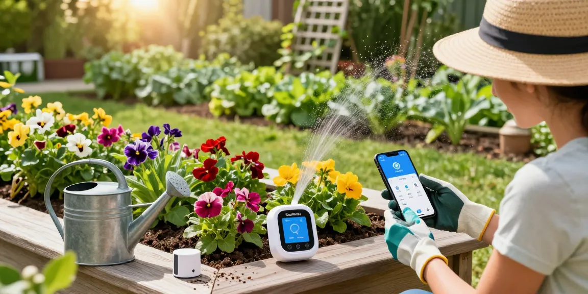 Gardener using RainPoint WiFi water timer to automate plant watering in a lush garden.