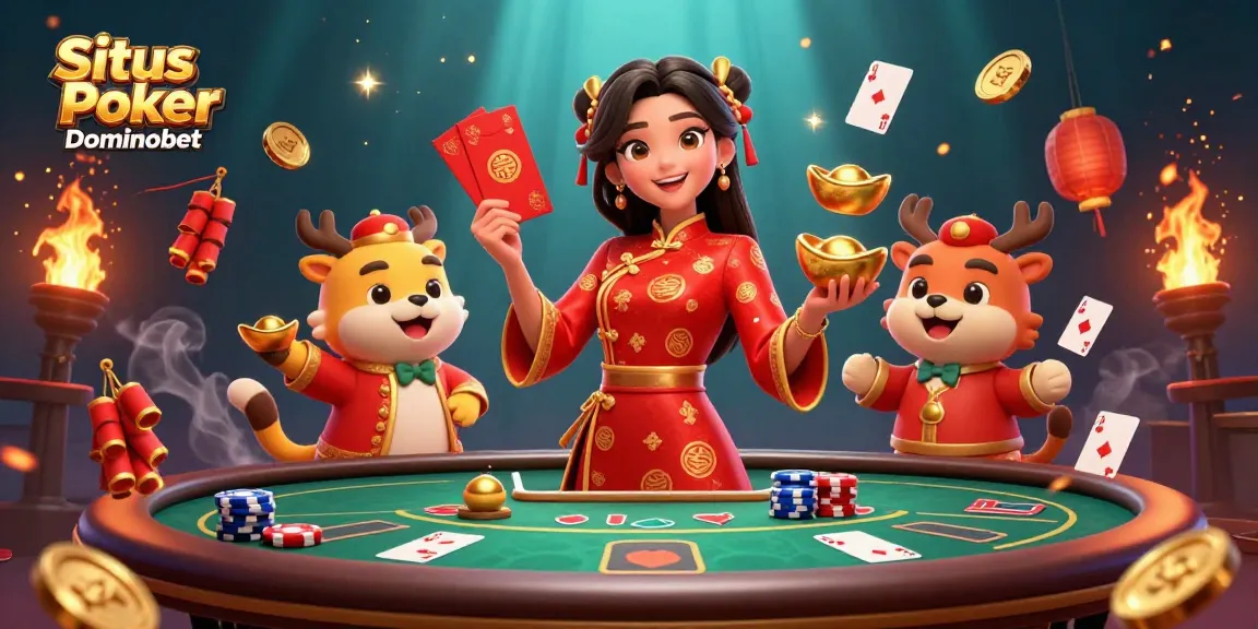 Engage with Situs Poker Dominobet and win big with dynamic poker action in a festive scene.