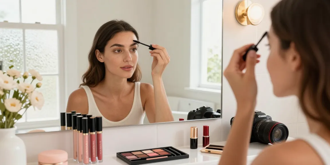 Applying Skone Cosmetics Brow Wand for perfectly defined eyebrows in a bright bathroom.