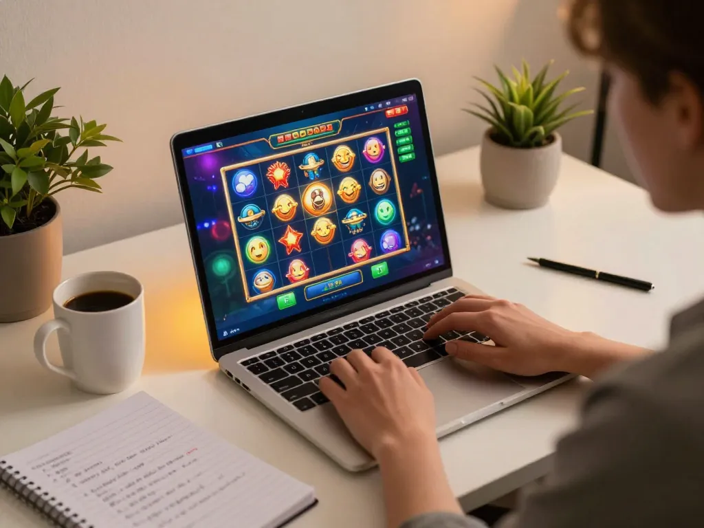 Engaging slot gameplay displayed on a laptop in a cozy home environment while player reviews strategy notes.