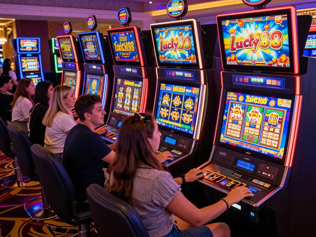 Players enjoying lucky88 slot machines in a vibrant casino atmosphere with colorful graphics and exciting gameplay.