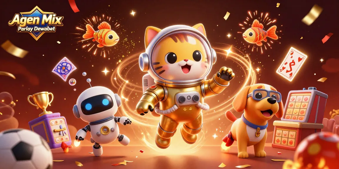 Agen Mix Parlay Dewabet showcases dynamic sports betting elements with vibrant characters and festive energy.