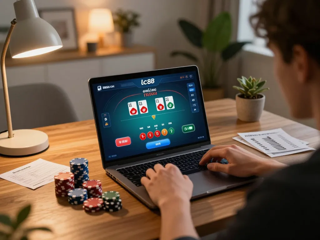 Engaging user playing the app lc88 on a laptop, showcasing online gambling strategy and atmosphere.