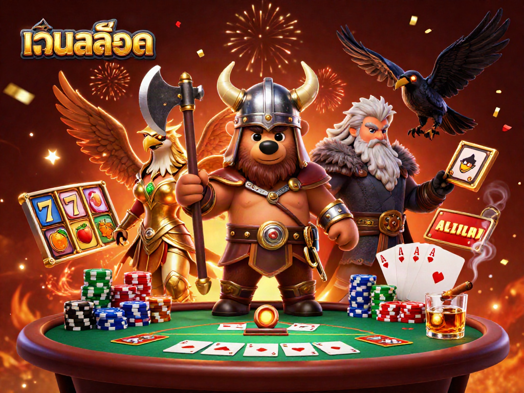 Spin the latest เว็บสล็อต thrills with a Viking bear and Valkyrie eagle in a festive casino scene.
