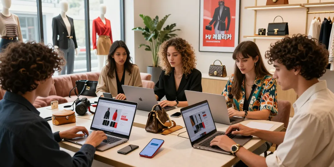 Stylish shoppers engaging with 레플리카 products on modern laptops in a chic e-commerce environment.
