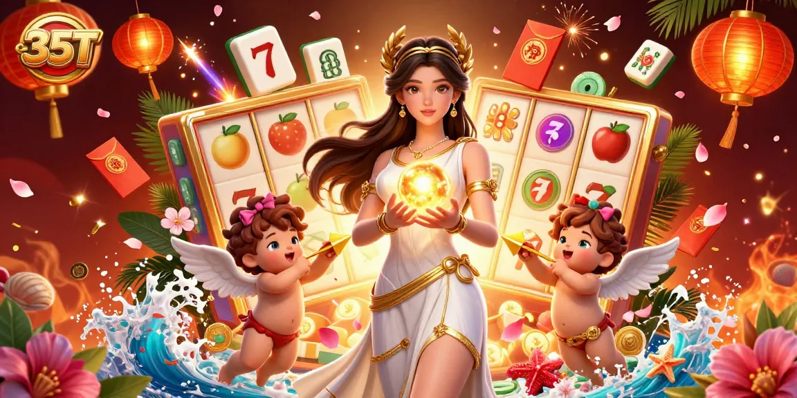 Engage with the vibrant gaming world of 35T, experiencing the thrill of slots and jackpots in a captivating 3D illustration.