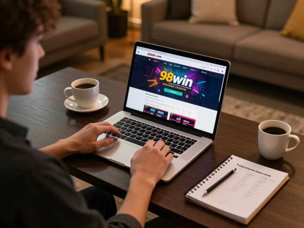A player engaging in online gaming at 98win com, surrounded by cozy settings and strategic betting materials.