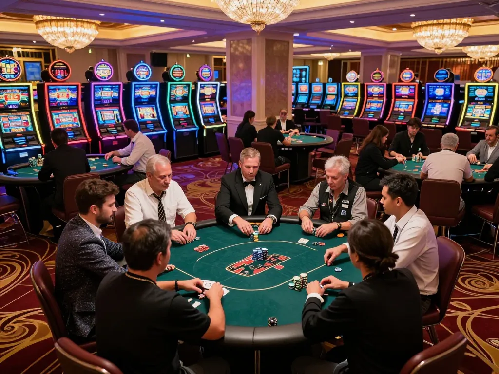 Paito macau poker tournament in a luxury casino with players engaged and chips stacking up.