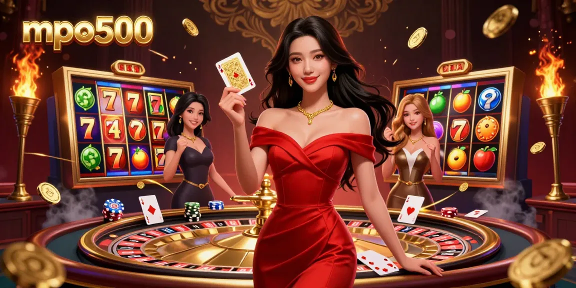 Spin the reels at mpo500 casino, featuring vibrant slot machines and a confident player holding a winning card.