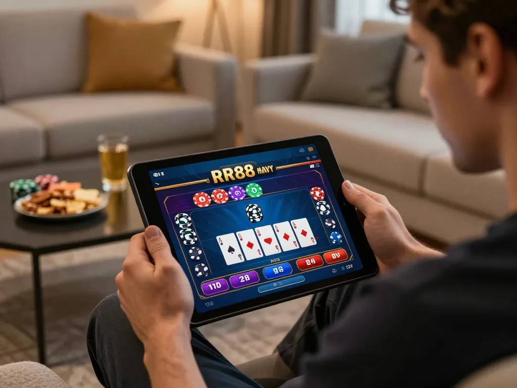 Player enjoying a game on the RR88 NAVY mobile interface at home, illustrating online gambling excitement.