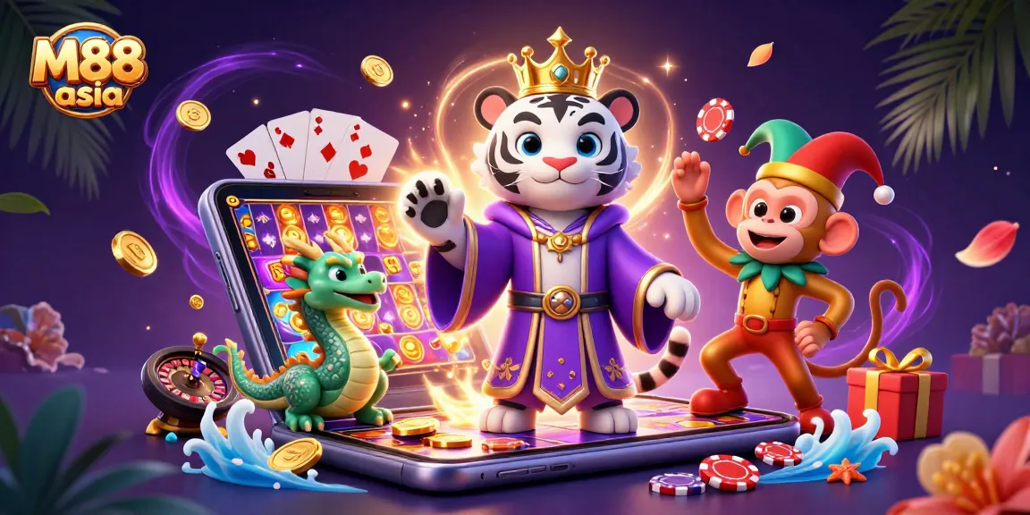 Engage with M88 asia's vibrant gaming world featuring a royal tiger, juggling monkey, and interactive slots.