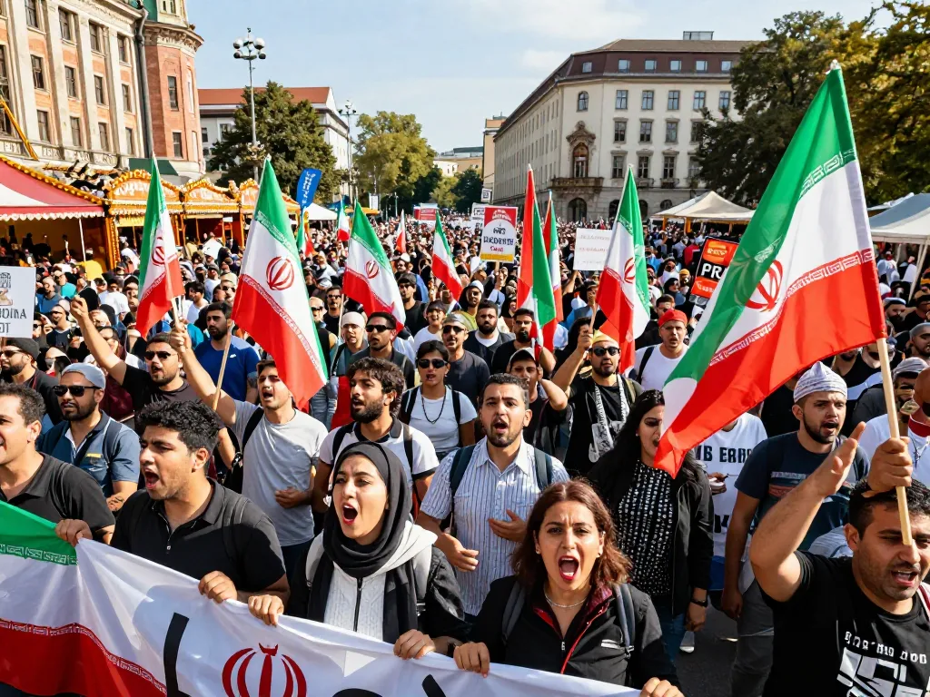 Massive Munich rally focused on Iran with passionate protesters holding banners and flags at Theresienwiese.
