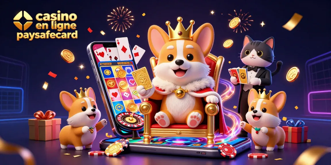 Profitez des jeux au casino en ligne paysafecard avec une illustration colorée de corgis nobles et des éléments de jeu captivants