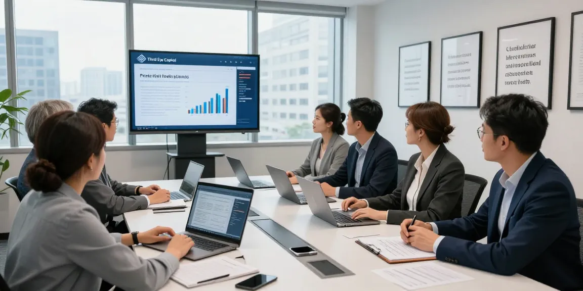 Third Eye Capital team collaborating on financial strategies in a bright office.