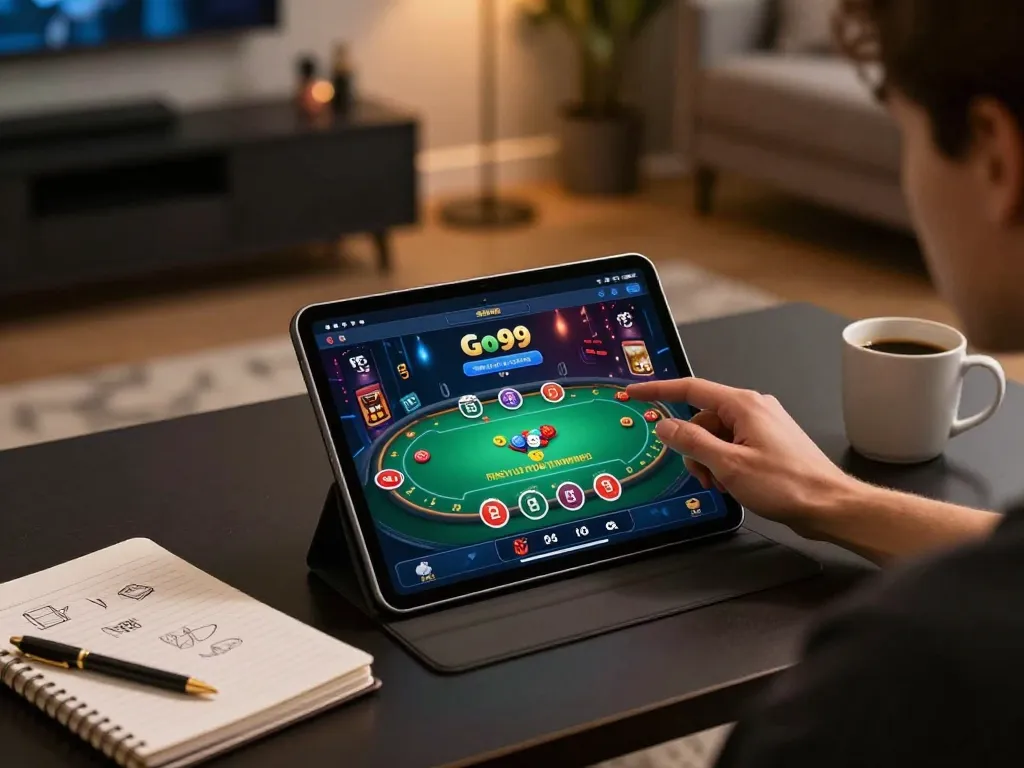 Engaged player using the Go99 app for online casino gaming, highlighting responsible entertainment.