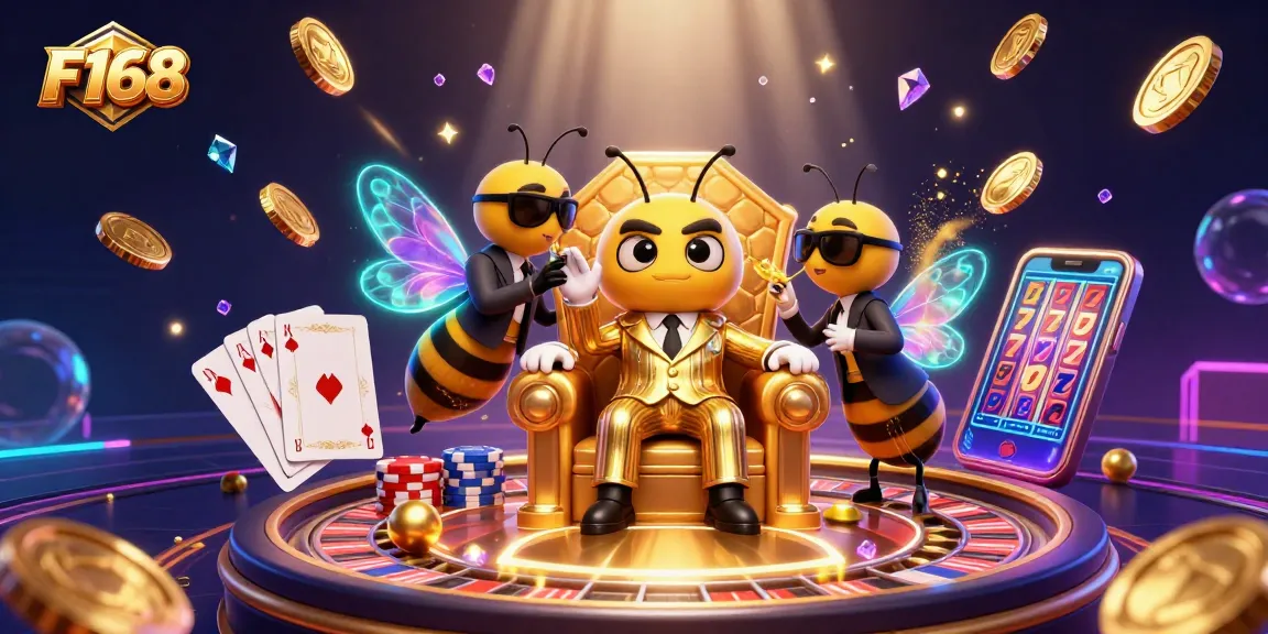 Experience thrilling gameplay at F168 with cartoon characters and casino elements in a vibrant 3D illustration.