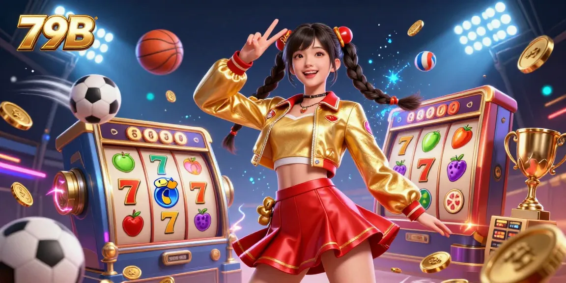 Play slots and win with 79B's vibrant casino illustration featuring dynamic gaming elements.