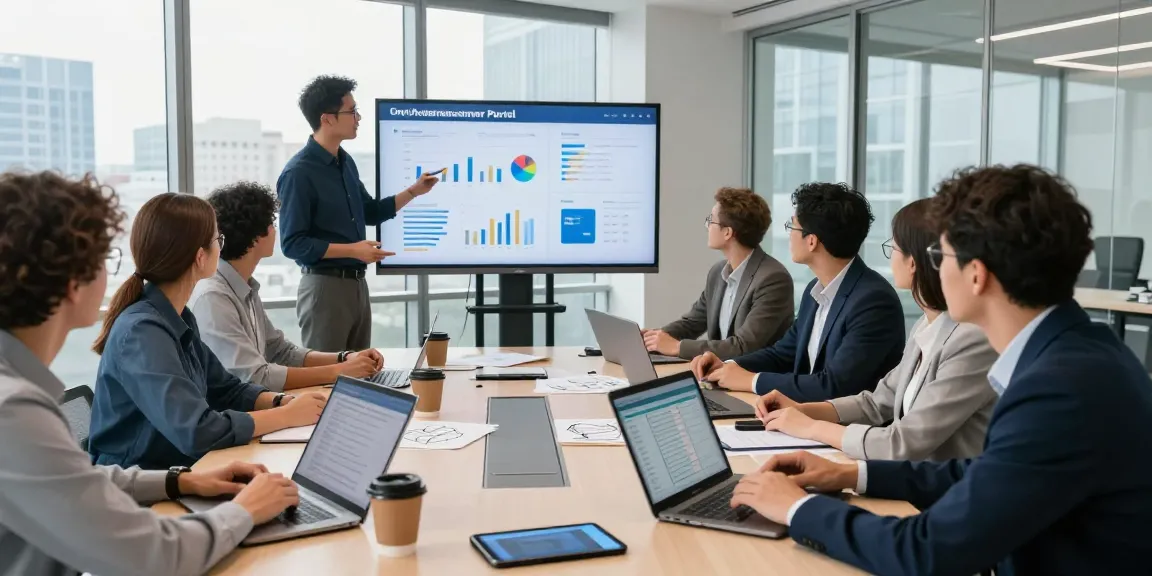 Team collaboration on Unternehmer Portal insights in a modern office.
