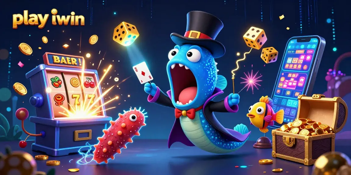Play iwin with a vibrant 3D illustration showcasing casino elements and magical sea creatures.