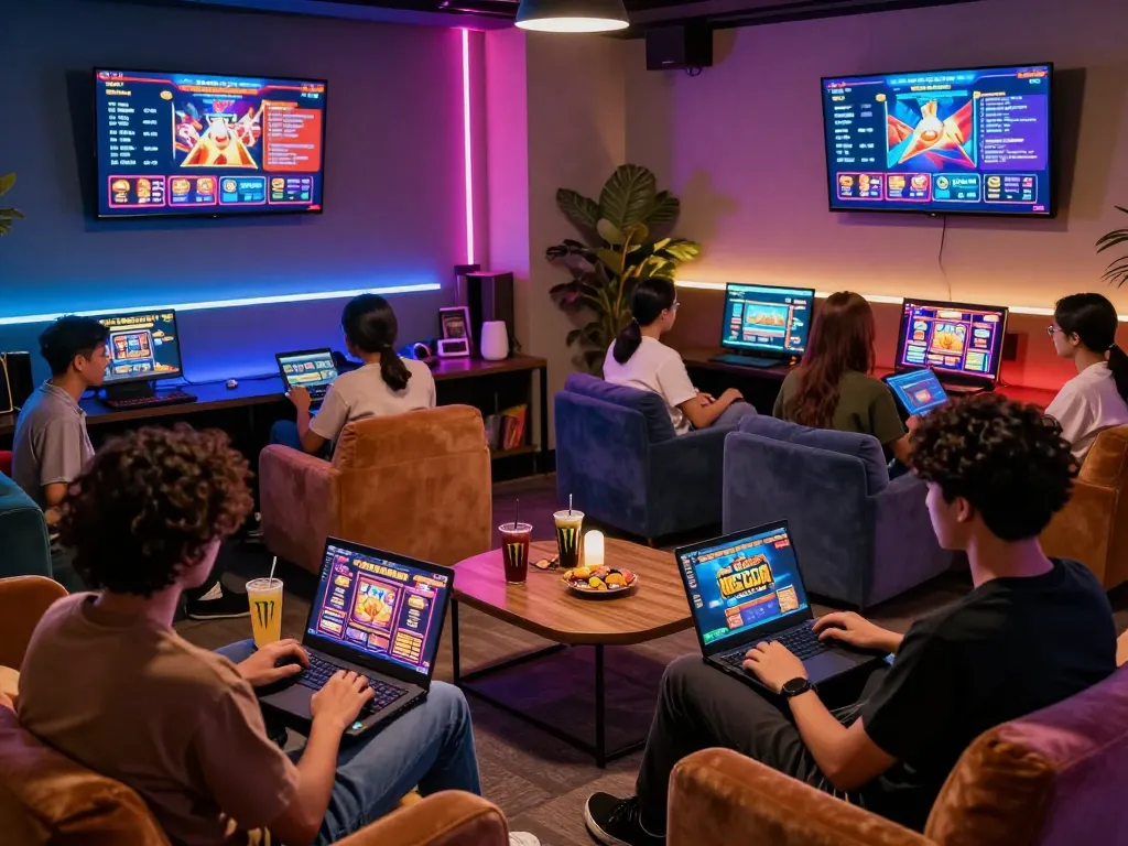 Group of players enjoying slot gacor games in a vibrant online gaming lounge with modern decor.