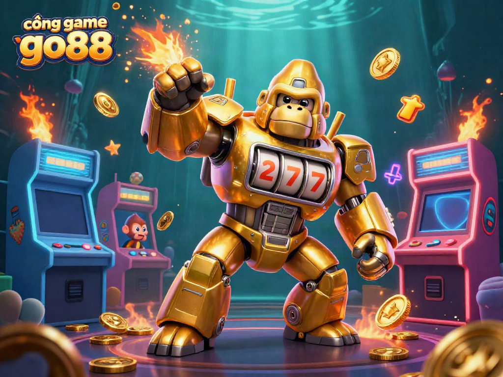 Engage in vibrant gameplay with cổng game go88 featuring a golden gorilla mech amidst a dazzling scene