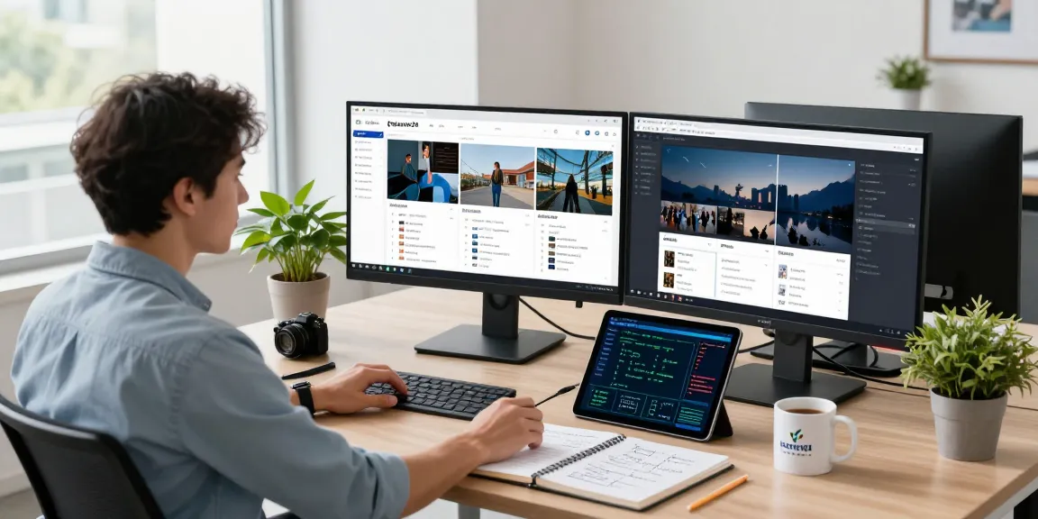 Data scientist analyzes images to detect AI image content in a modern tech office.