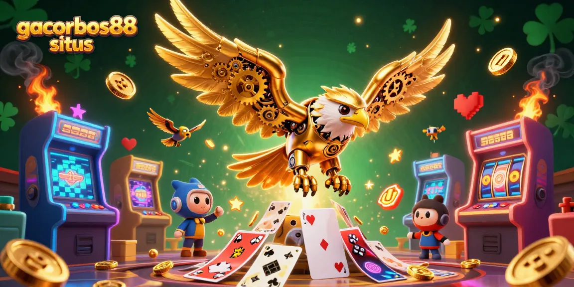 Engage with gacorbos88 situs featuring a cybernetic eagle amidst vibrant casino and arcade elements.