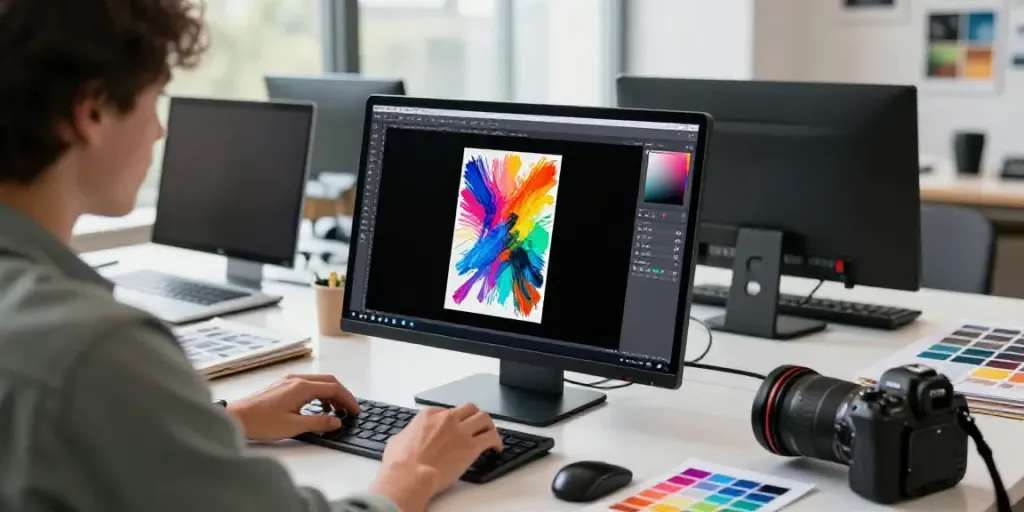 How to use an AI photo generator in a modern digital workspace with vibrant colors and design elements.