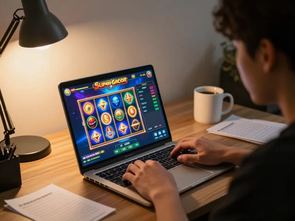 Terlibat dengan slot server thailand super gacor di laptop, menggambarkan sesi strategi perjudian online.