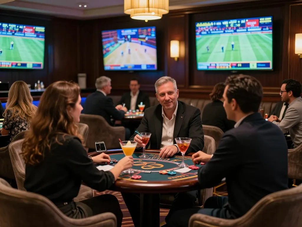Patrons engaging in sports betting at luxury Ta88 lounge, excitement in high-stakes gaming.