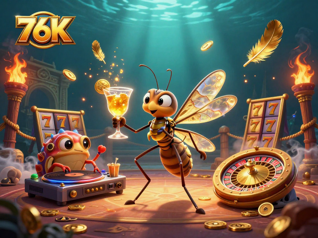 O mascote do 76K apresenta um mosquito em âmbar e elementos de cassino vibrantes.
